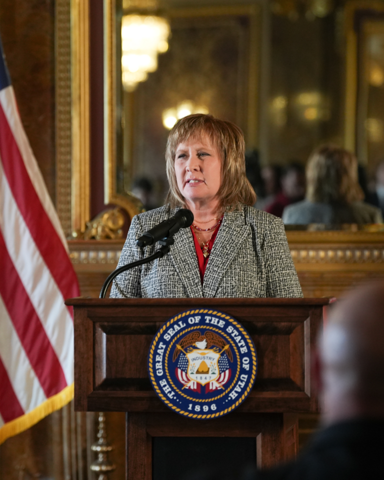 Southern Utah University President Mindy Benson speaks at the Utah Higher Education Resolution signing ceremony and affirms the state's commitment to student outcomes and workforce readiness.
