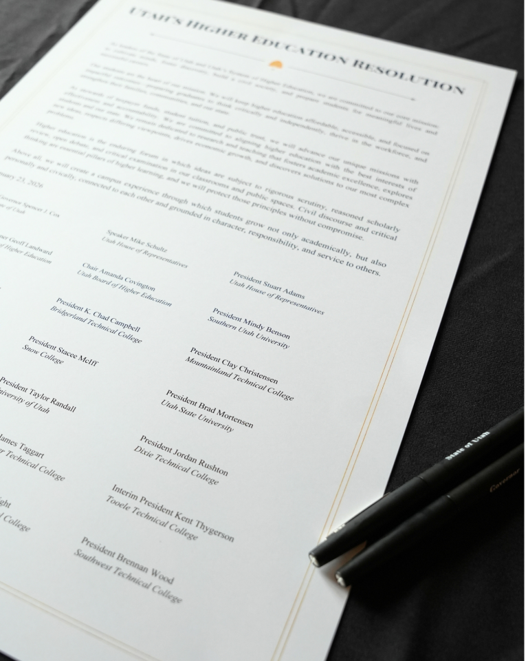 Utah's Higher Education Resolution, signed January 23, 2026 by Governor Cox, legislative leaders, and college and university presidents across the Utah System of Higher Education, committing to keep higher education affordable, accessible, and focused on student outcomes.