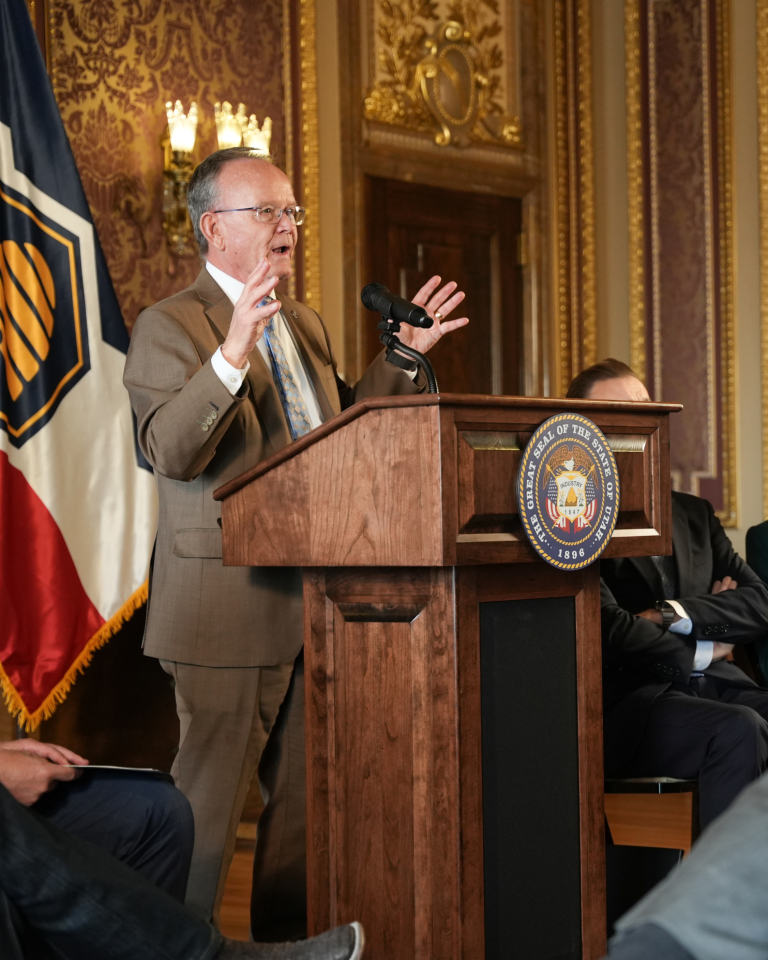 Utah Senate President J. Stuart Adams speaks at the signing of Utah's Higher Education Resolution at the State Capitol on January 23, 2026, joining higher education leaders to affirm the state's commitment to student outcomes and workforce readiness.