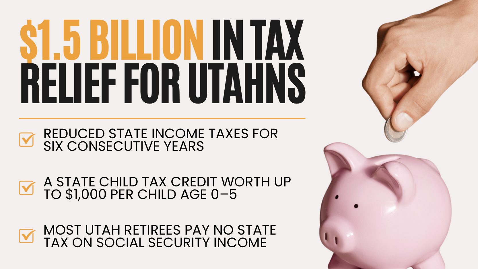 Utah tax cuts have returned $1.5 billion to taxpayers through lower state income tax rates, a child tax credit for young families and Social Security tax relief for retirees.