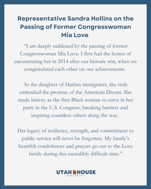 Representative Sandra Hollins on the passing of former Congresswoman Mia Love.