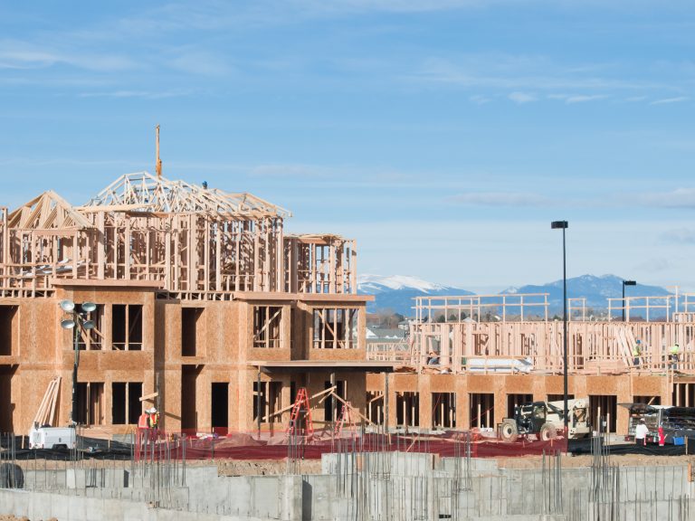Townhome construction with wood framing.